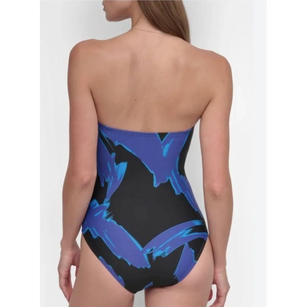 DKNY Women's U-Wire Bandeau Shirred One-Piece Swimsuit Brush Stroke Blue Small - Picture 4 of 11